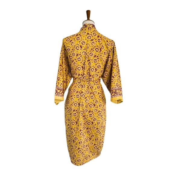 Vintage Boho Golden Yellow Floral Robe Kimono Wrap – Small, Artisan Cotton Blend - Picture 5 of 7